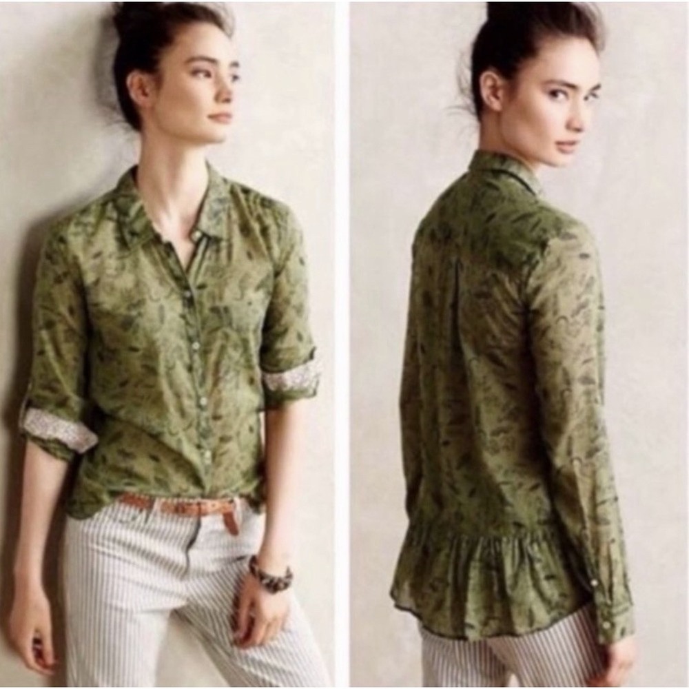 Anthropologie Holding Horses Button Down Shirt Size 4 Sheer Whimsical Critter
